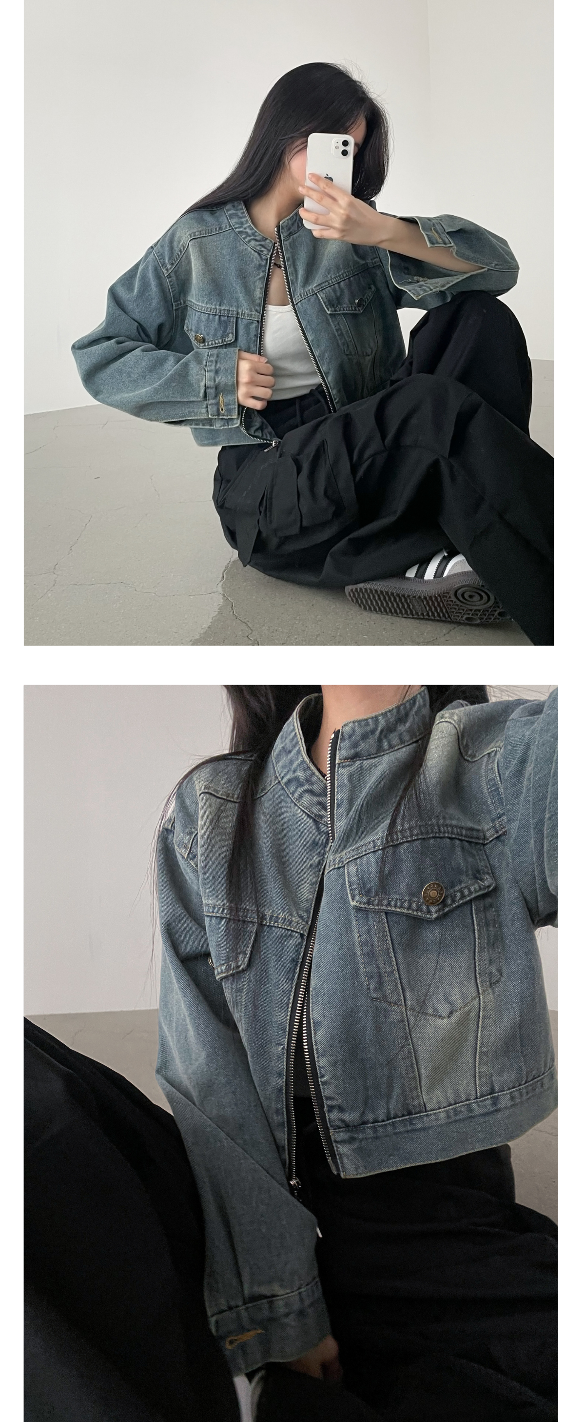 [노카라 넥라인&투웨이 지퍼] 아방핏 크롭 바이커 자켓 상세 이미지 7