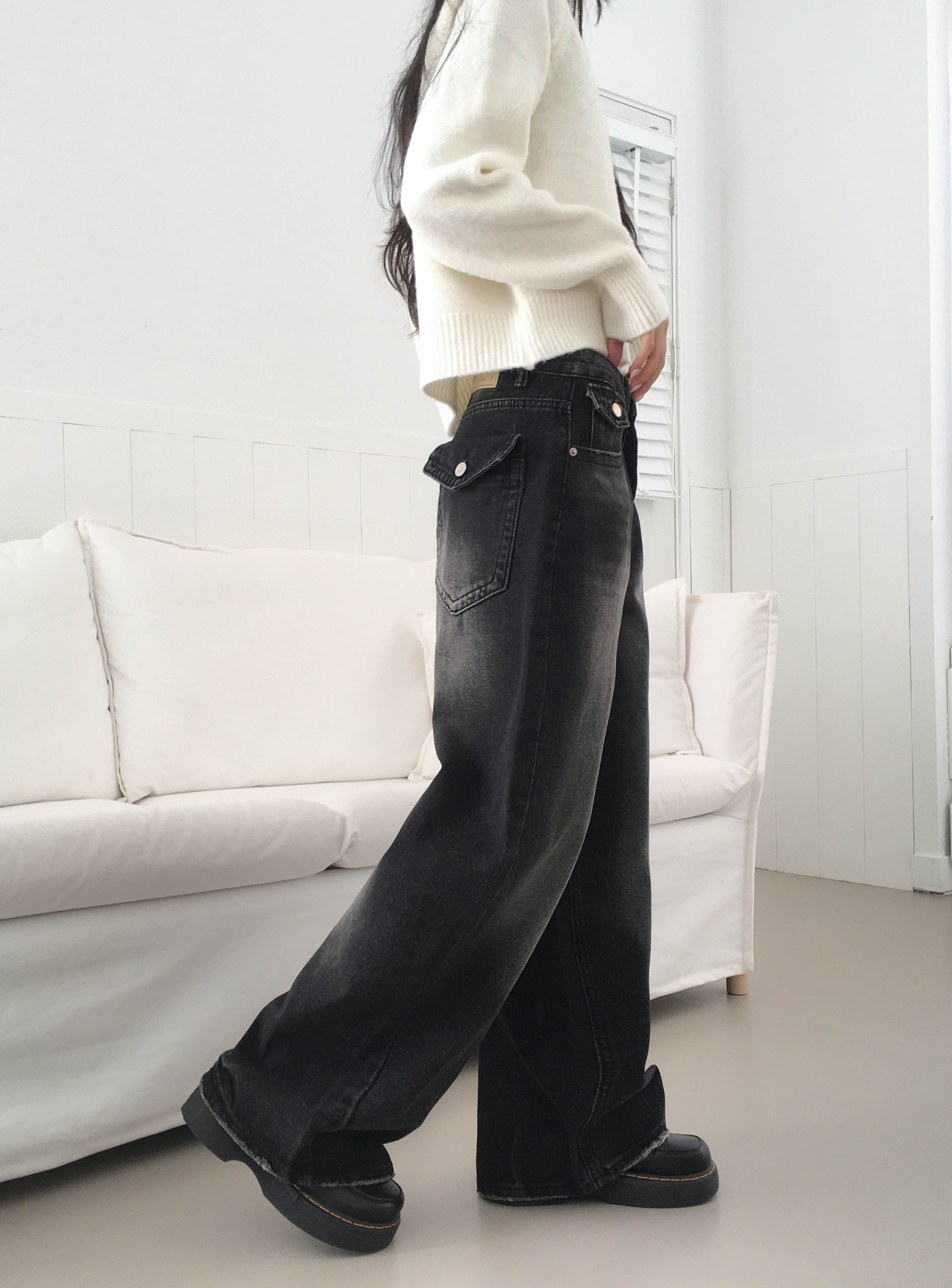 [힙포켓🖤MD소장] 빈티지워싱 백포켓 포인트 와이드 데님 청바지 상세 이미지 5