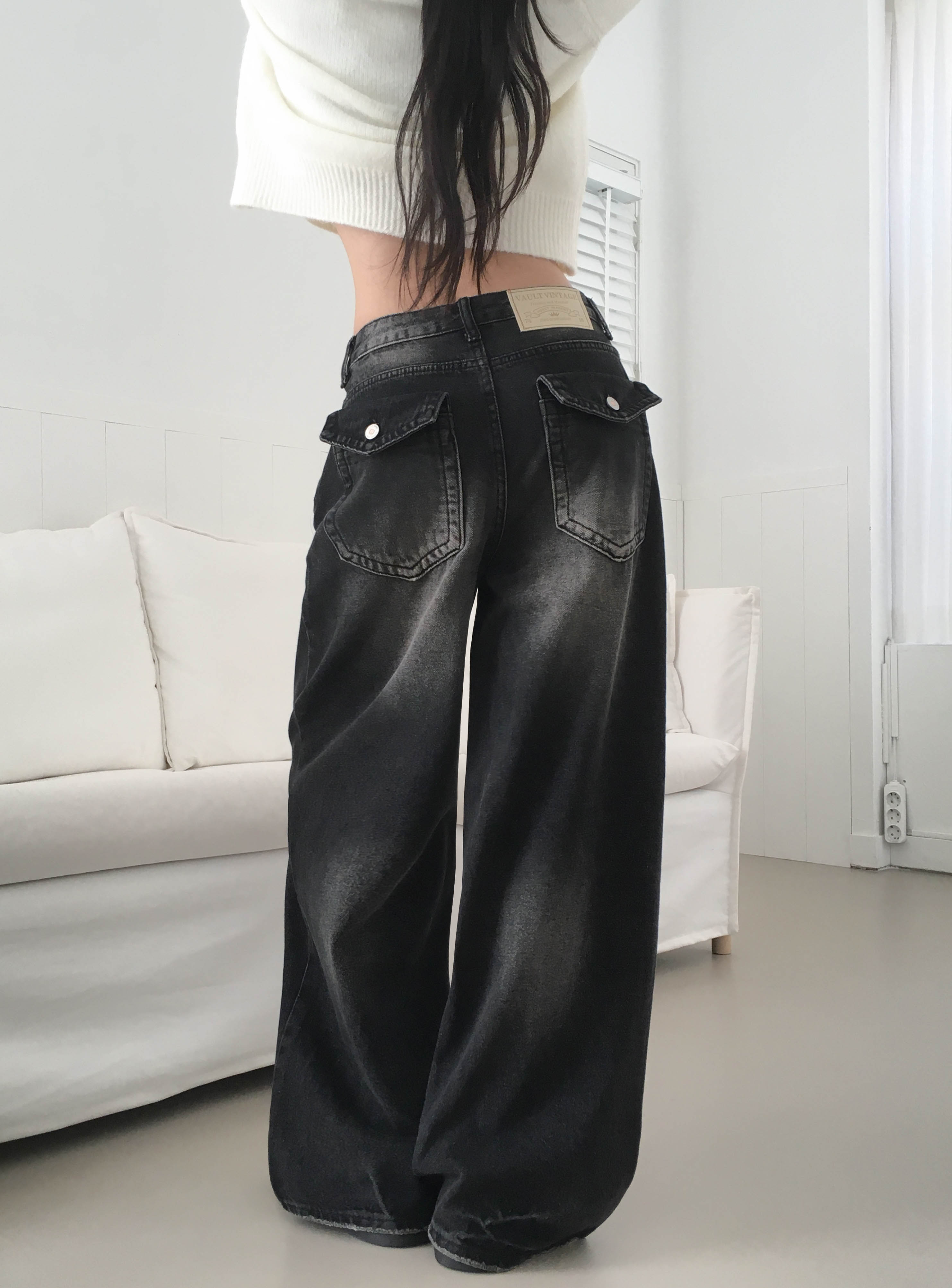 [힙포켓🖤MD소장] 빈티지워싱 백포켓 포인트 와이드 데님 청바지 상세 이미지 6