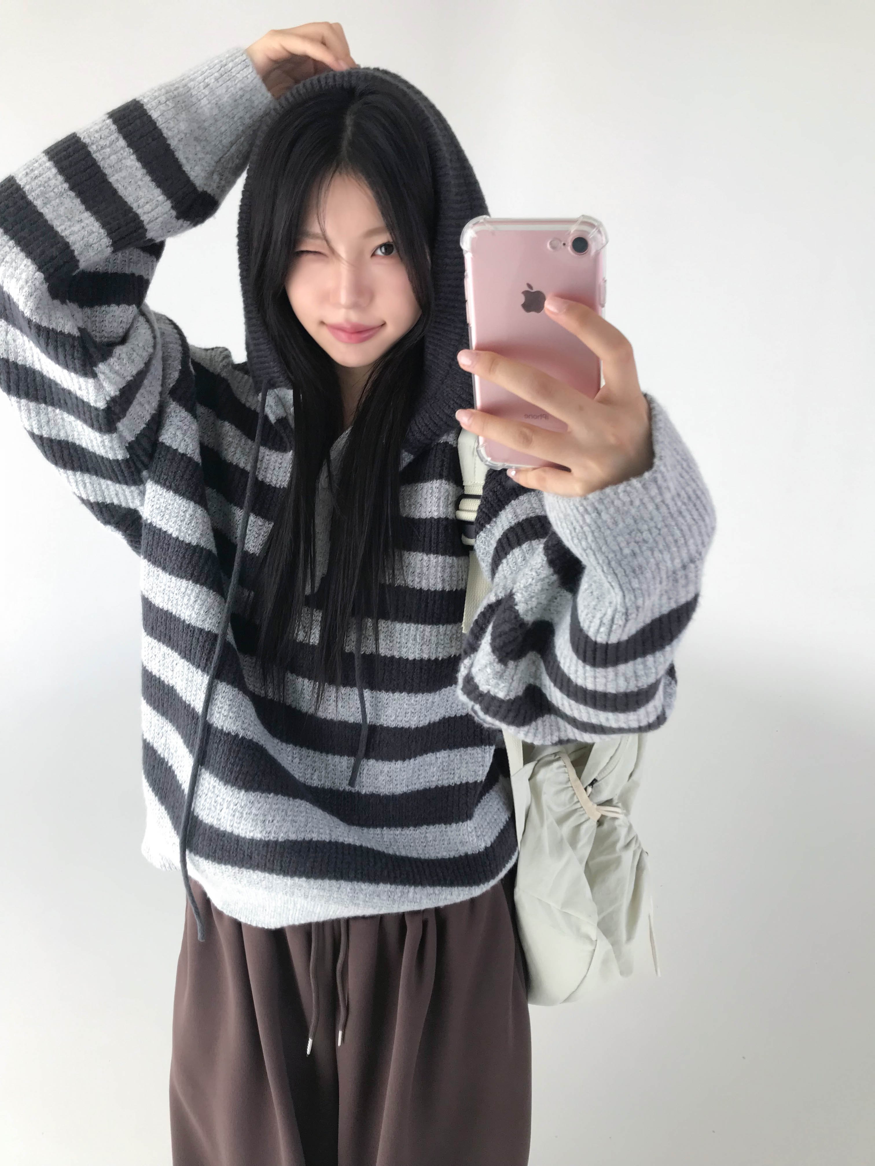 [두툼폭닥🐻/워머포인트] *귀욤아방핏 단가라 스트라이프 후드 니트 상세 이미지 9