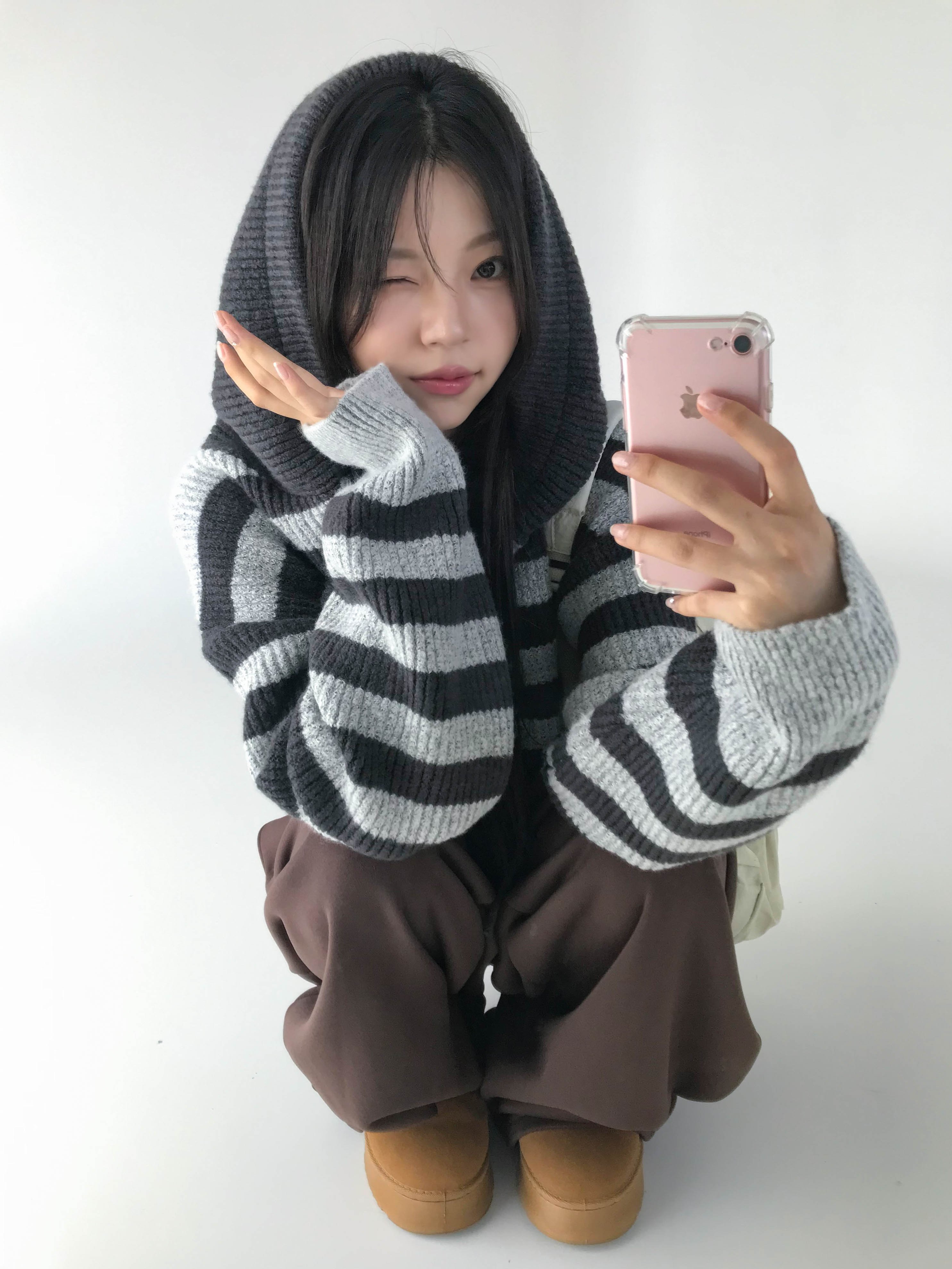 [두툼폭닥🐻/워머포인트] *귀욤아방핏 단가라 스트라이프 후드 니트 상세 이미지 10