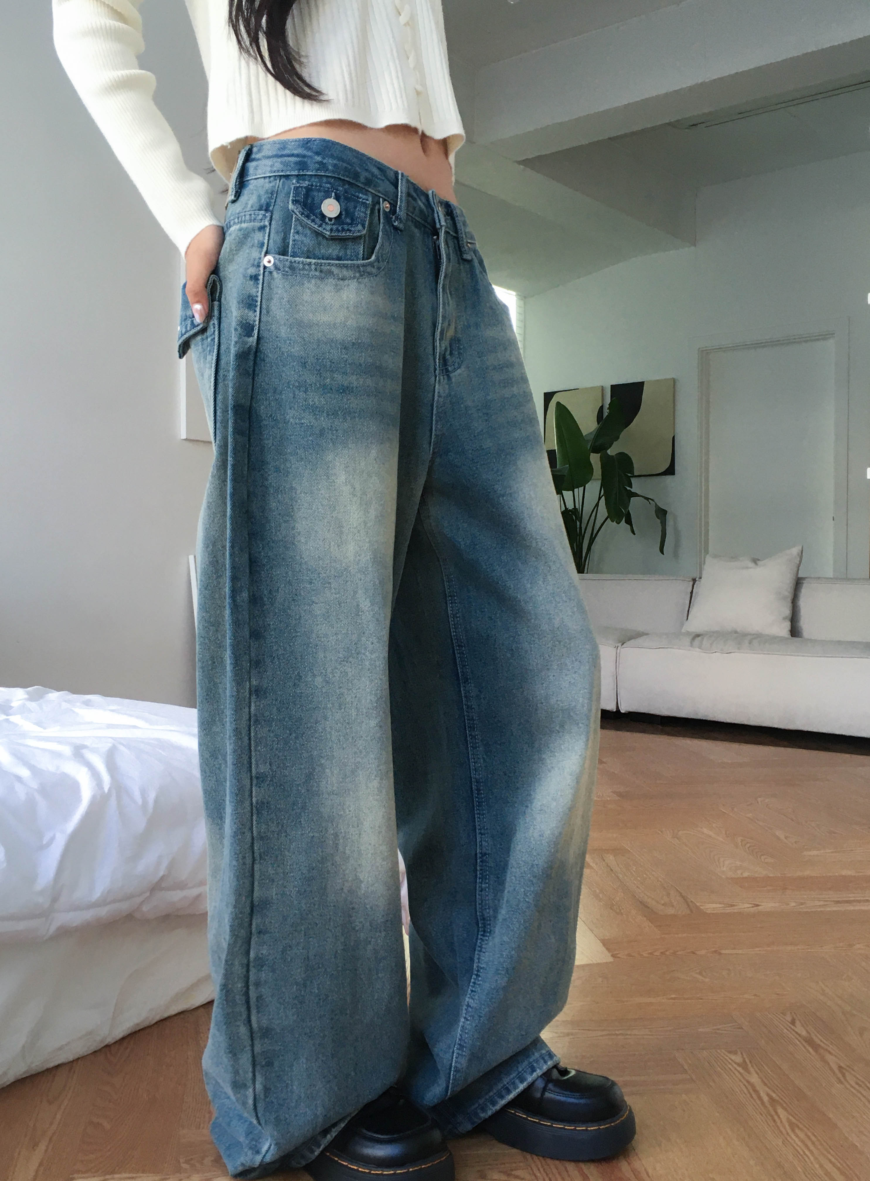 [힙포켓🖤MD소장] 빈티지워싱 백포켓 포인트 와이드 데님 청바지 상세 이미지 14