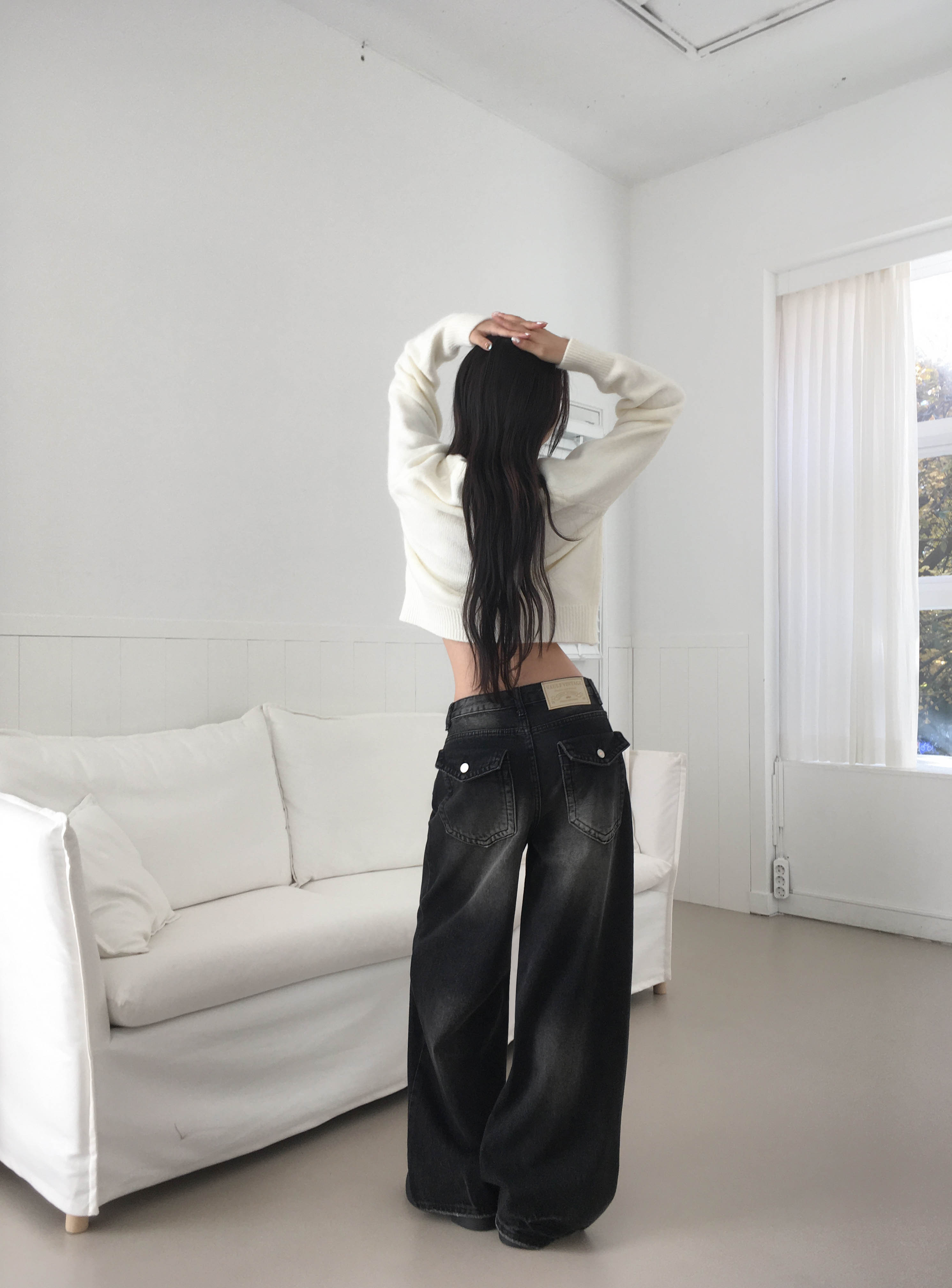 [힙포켓🖤MD소장] 빈티지워싱 백포켓 포인트 와이드 데님 청바지 상세 이미지 7